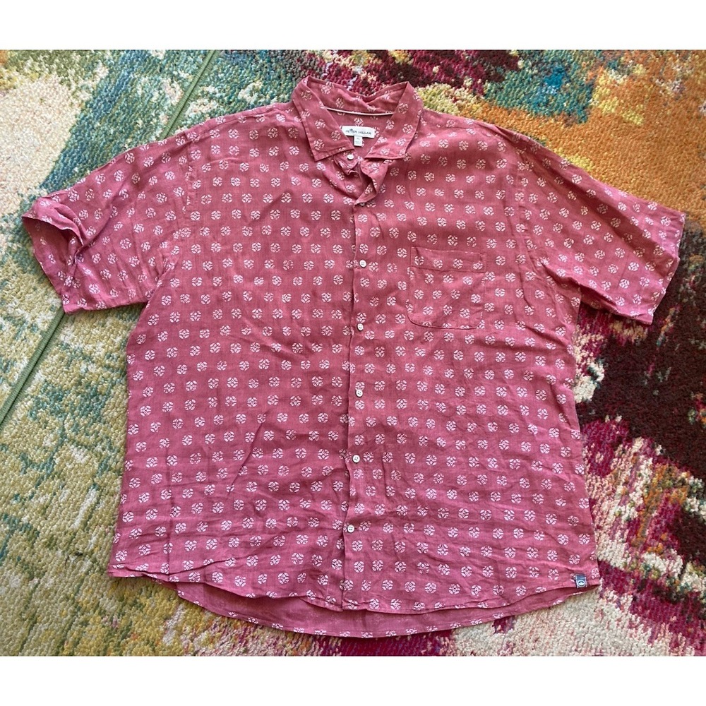 Peter Millar Linen Shirt Mens Size XL Short Sleeve Red Seaside Kiva Beach Button